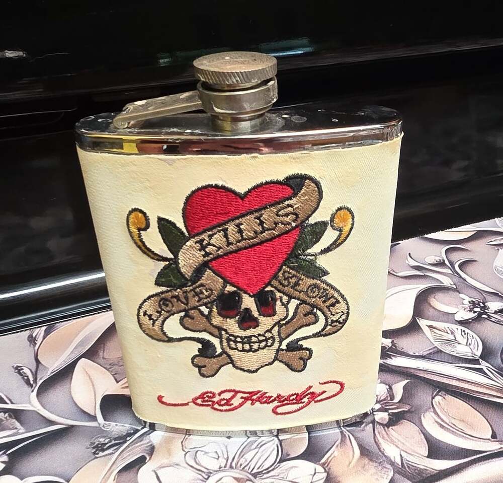 Ed Hardy Love Kills Slowly Stainless Steel 7 oz Leather Wrapped Flask
